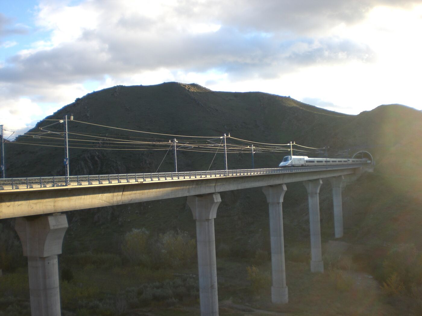 Viaducto de pilas altas en un valle montañoso, con un tren de alta velocidad sobre el tablero